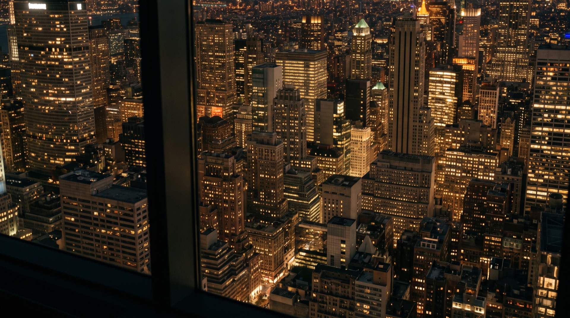 A city at dusk seen from a dark office window, lights turning gold.